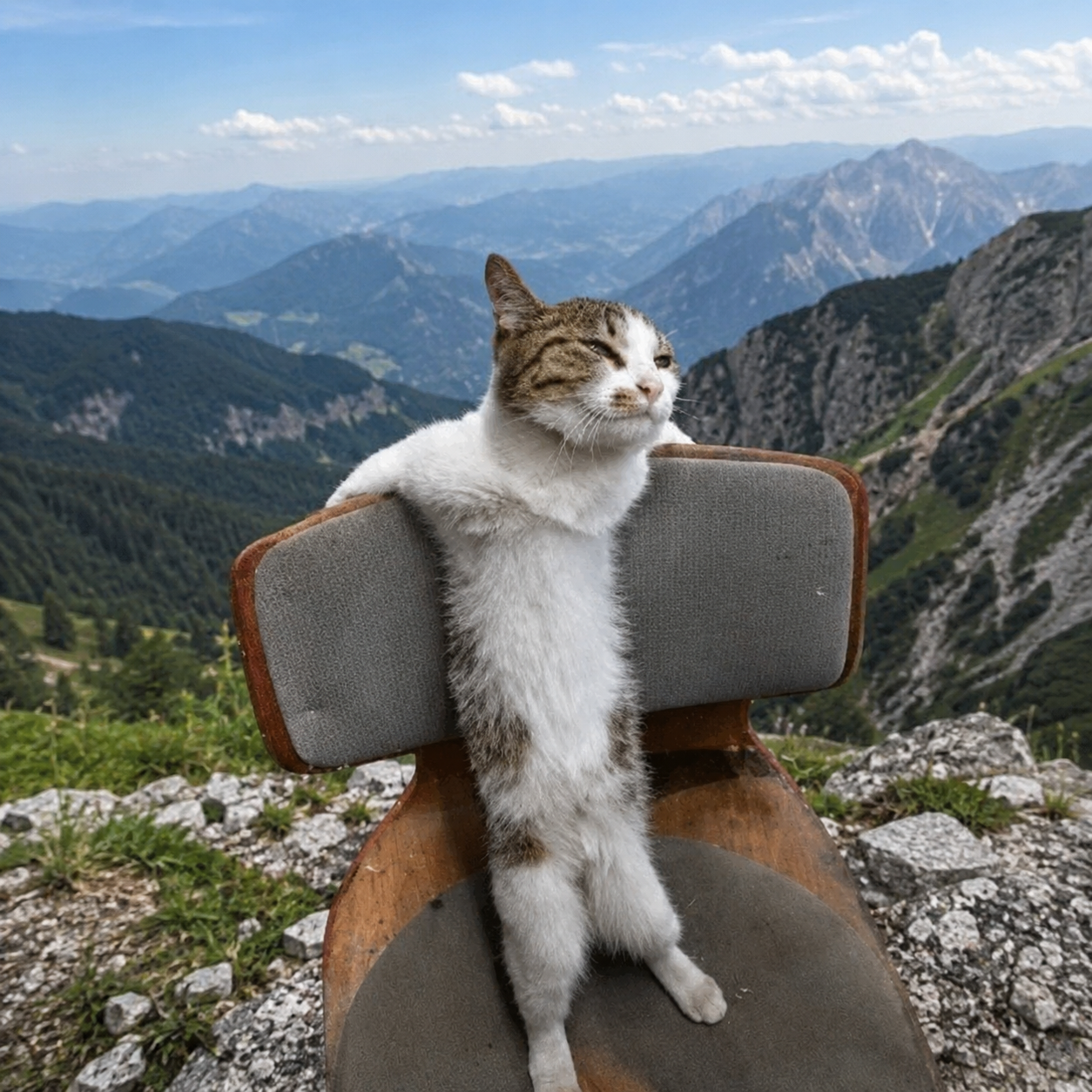 AFK Cat in his chair on a mountain ridge