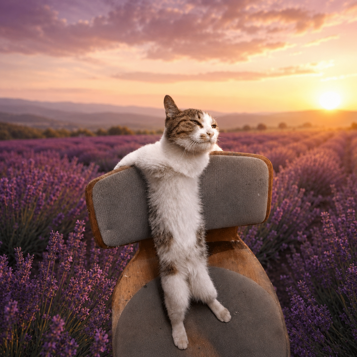 AFK Cat in his chair in a lavender field at sunset